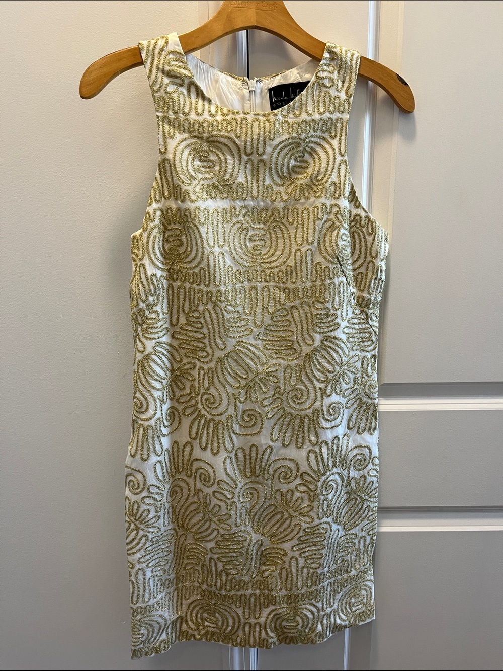 Nicole Miller Ivory Mini Dress with Gold Swirl Beading
